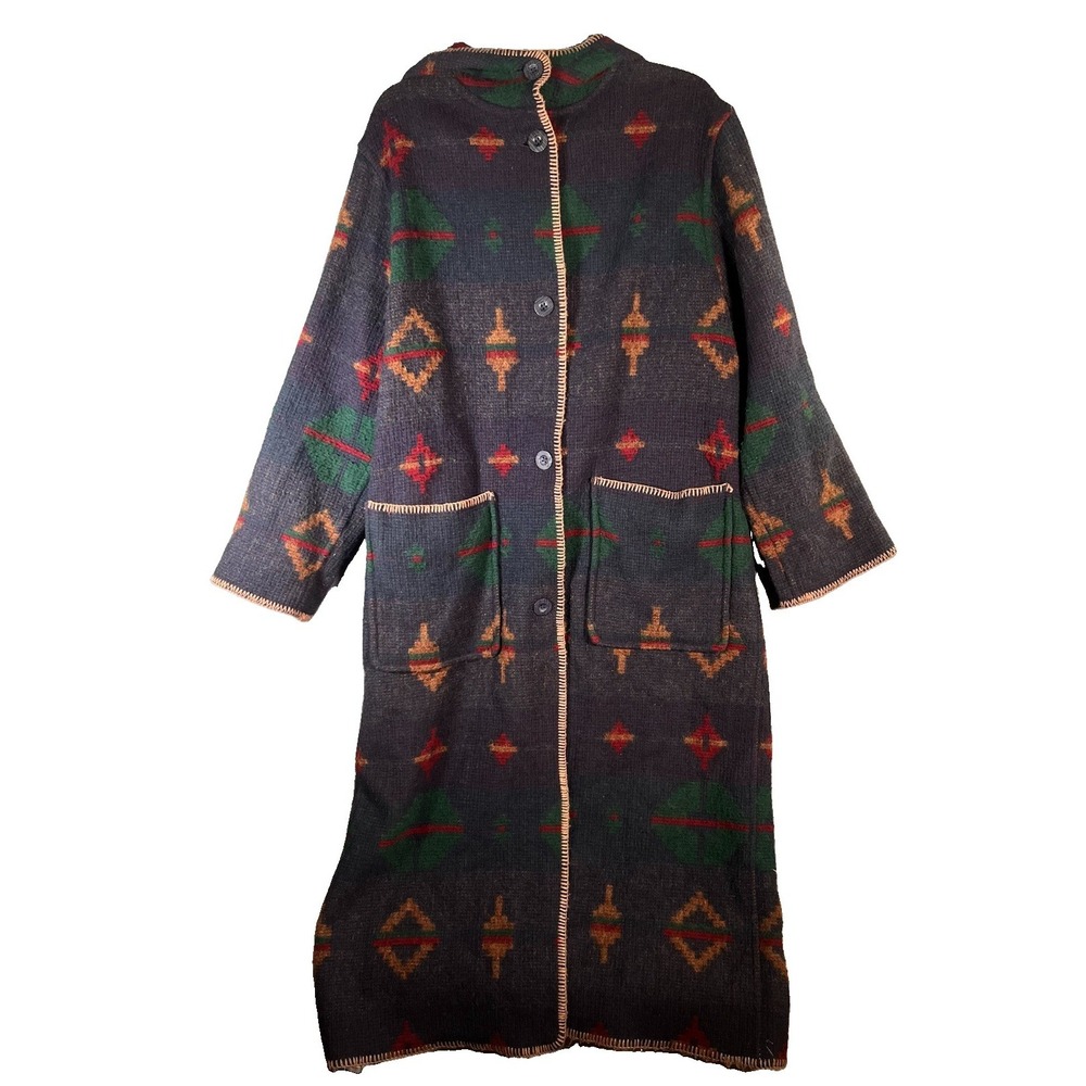 Woolrich Navajo Aztec Long Duster WOOL Sweater Blanket Coat REVERSIBLE Hood Sz L